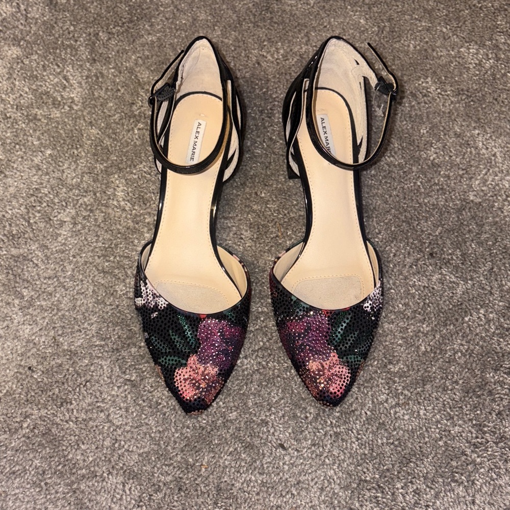 Alex Marie Black Floral Sequin Heels block heeled size 8w